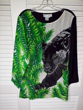 Diane Gilman Green Palm & Black Panther Graphic Blouse